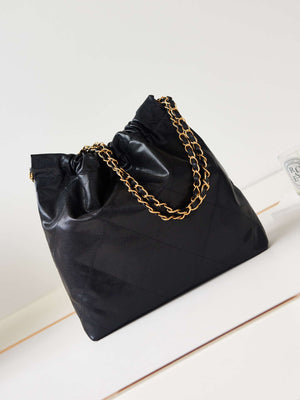 Chanel 22 AS3260 Small Handbag Shiny Calfskin Black Gold with black logo - Default Title - View 5