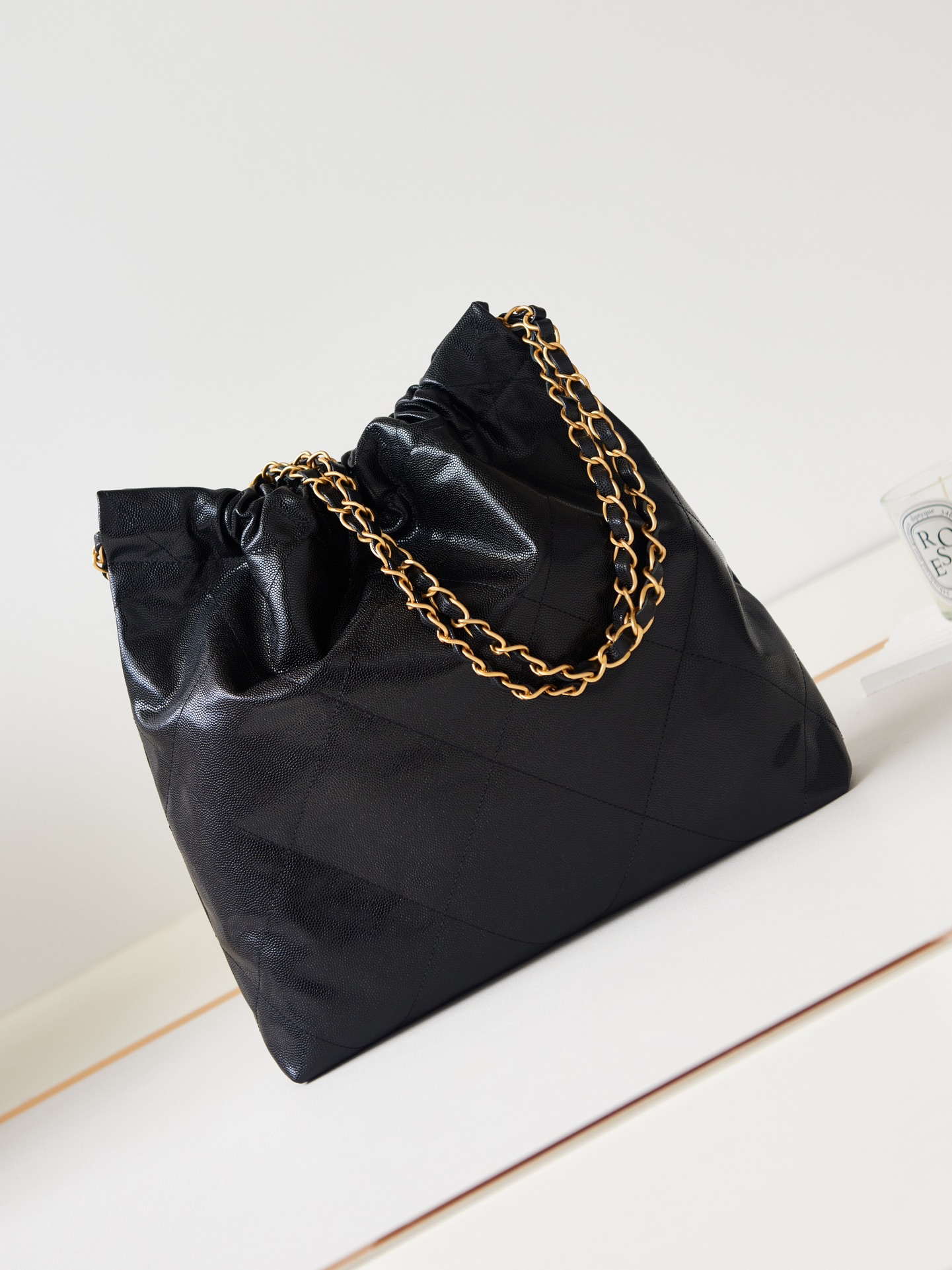 Chanel 22 AS3260 Small Handbag Shiny Calfskin Black Gold with black logo