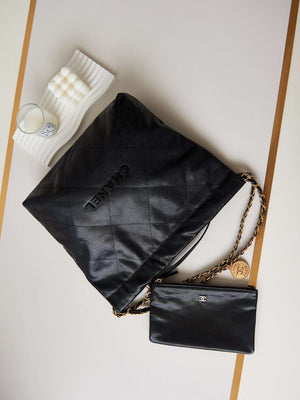 Chanel 22 AS3260 Small Handbag Shiny Calfskin Black Gold with black logo - Default Title - View 6