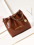Chanel 22 AS3260 Small Handbag Shiny Calfskin Brown Gold