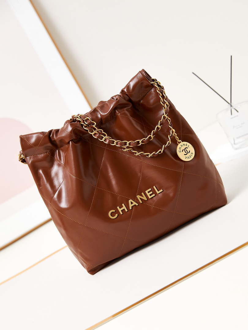 Chanel 22 AS3260 Small Handbag Shiny Calfskin Brown Gold - Default Title - View 1