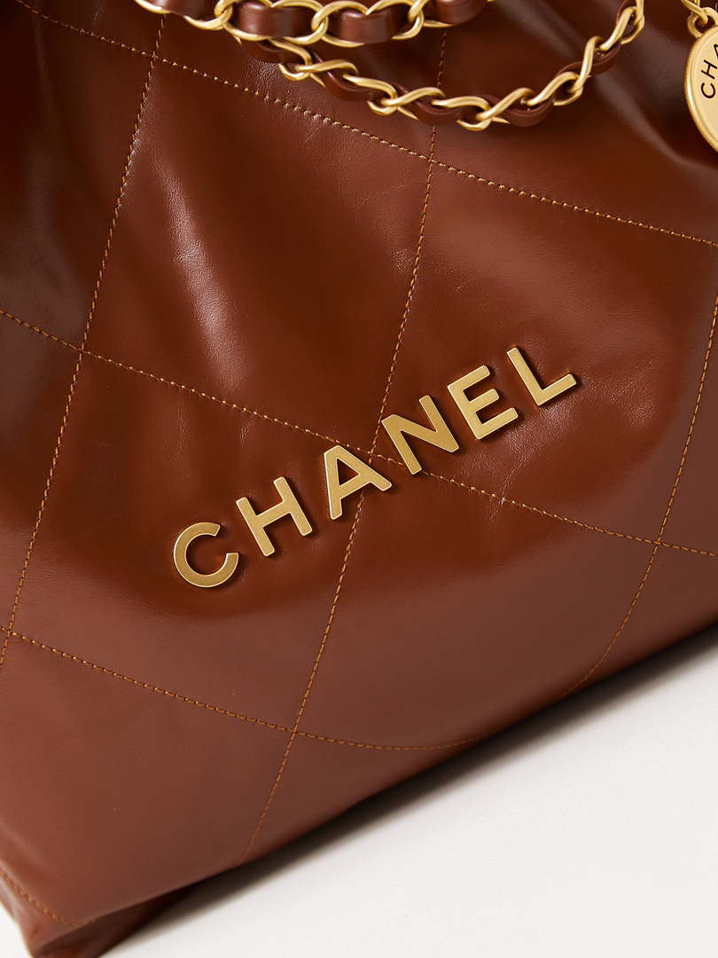 Chanel 22 AS3260 Small Handbag Shiny Calfskin Brown Gold