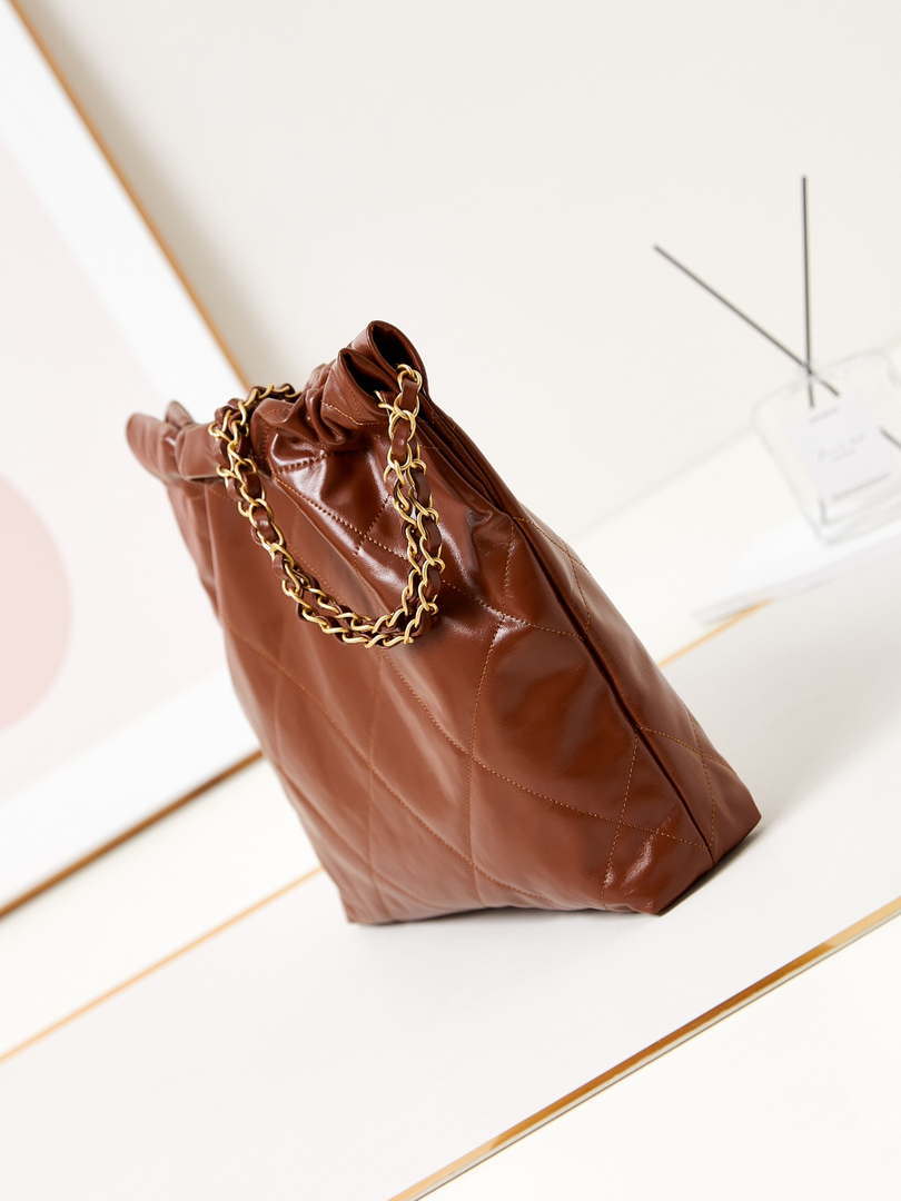 Chanel 22 AS3260 Small Handbag Shiny Calfskin Brown Gold - Default Title - View 4