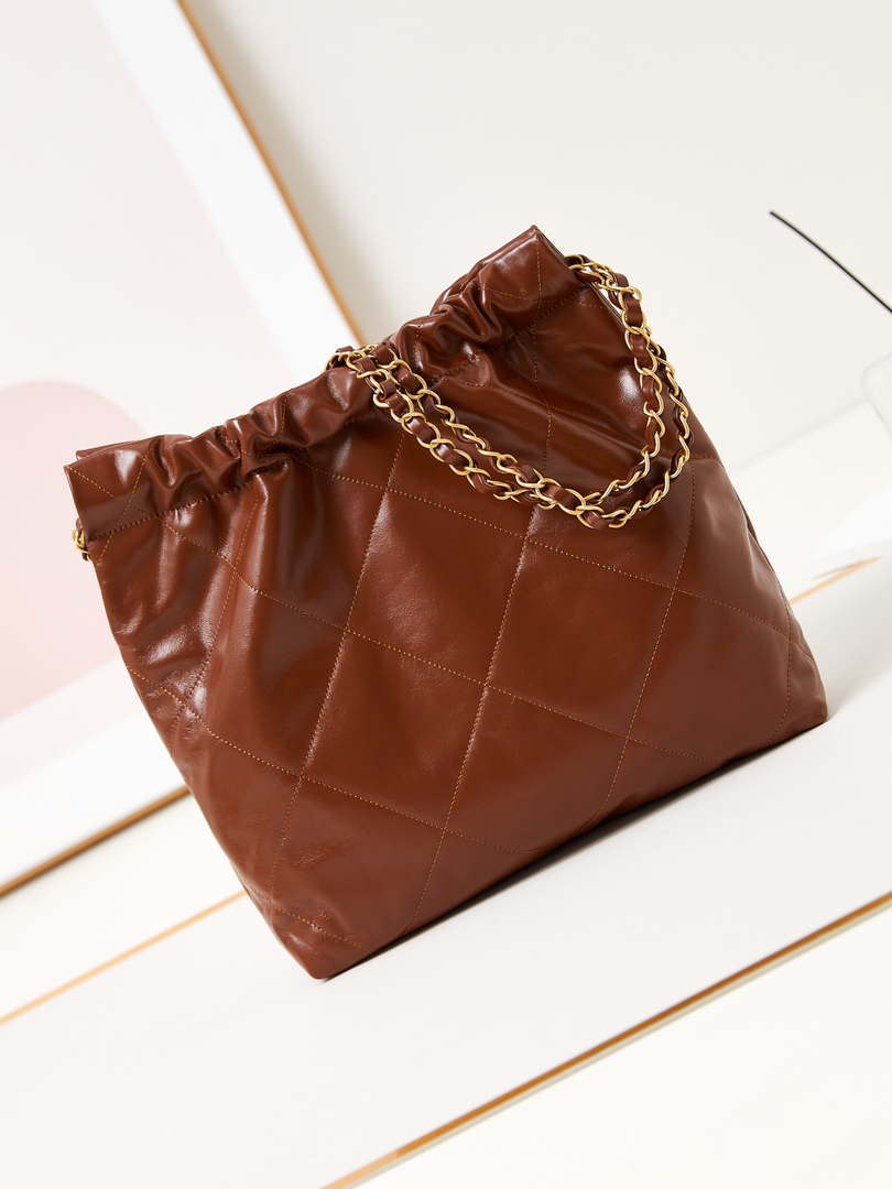Chanel 22 AS3260 Small Handbag Shiny Calfskin Brown Gold - Default Title - View 5