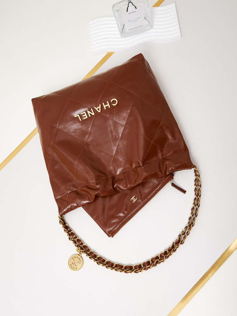 Chanel 22 AS3260 Small Handbag Shiny Calfskin Brown Gold