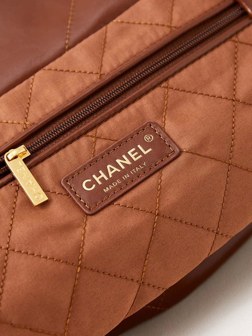 Chanel 22 AS3260 Small Handbag Shiny Calfskin Brown Gold