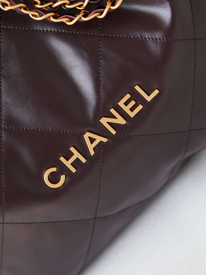Chanel 22 AS3260 Small Handbag Shiny Calfskin Dark Brown
