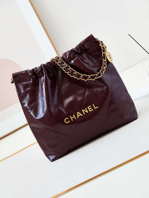 Chanel 22 AS3260 Small Handbag Shiny Calfskin Dark Red Gold - Default Title - View 1