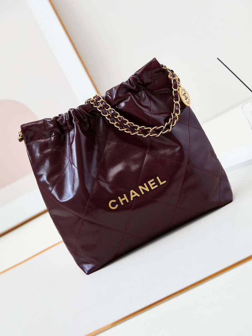 Chanel 22 AS3260 Small Handbag Shiny Calfskin Dark Red Gold - Default Title - View 1