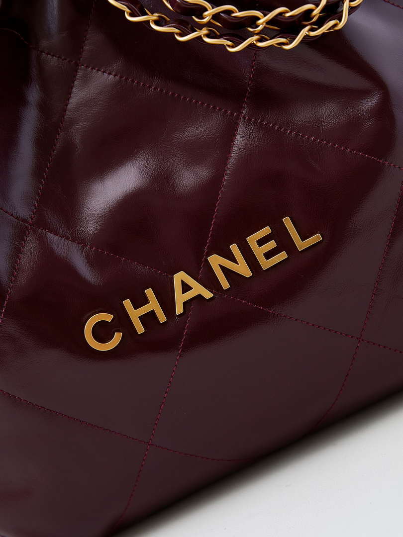 Chanel 22 AS3260 Small Handbag Shiny Calfskin Dark Red Gold