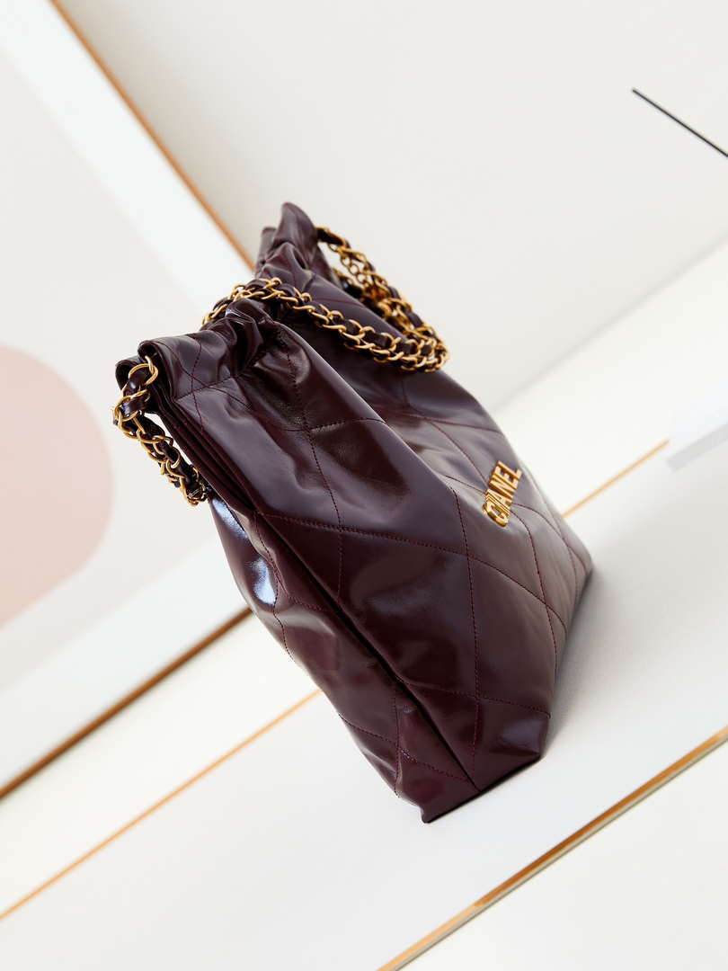 Chanel 22 AS3260 Small Handbag Shiny Calfskin Dark Red Gold - Default Title - View 3