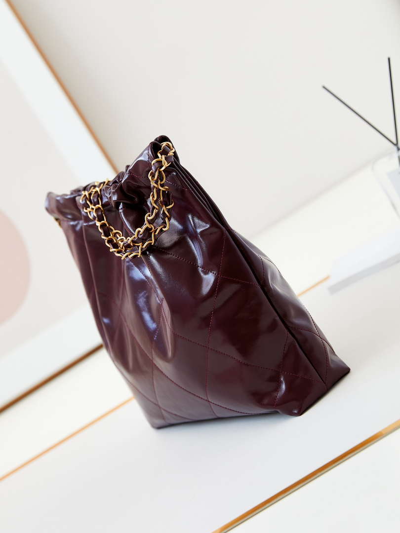 Chanel 22 AS3260 Small Handbag Shiny Calfskin Dark Red Gold