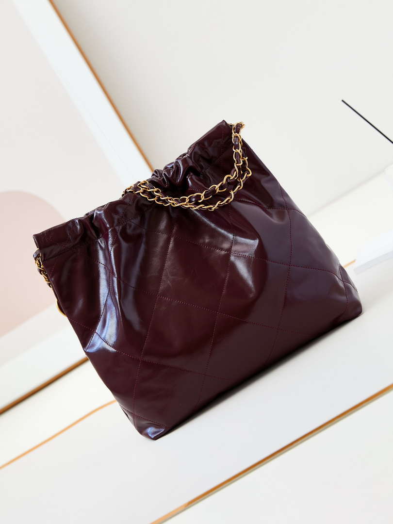 Chanel 22 AS3260 Small Handbag Shiny Calfskin Dark Red Gold