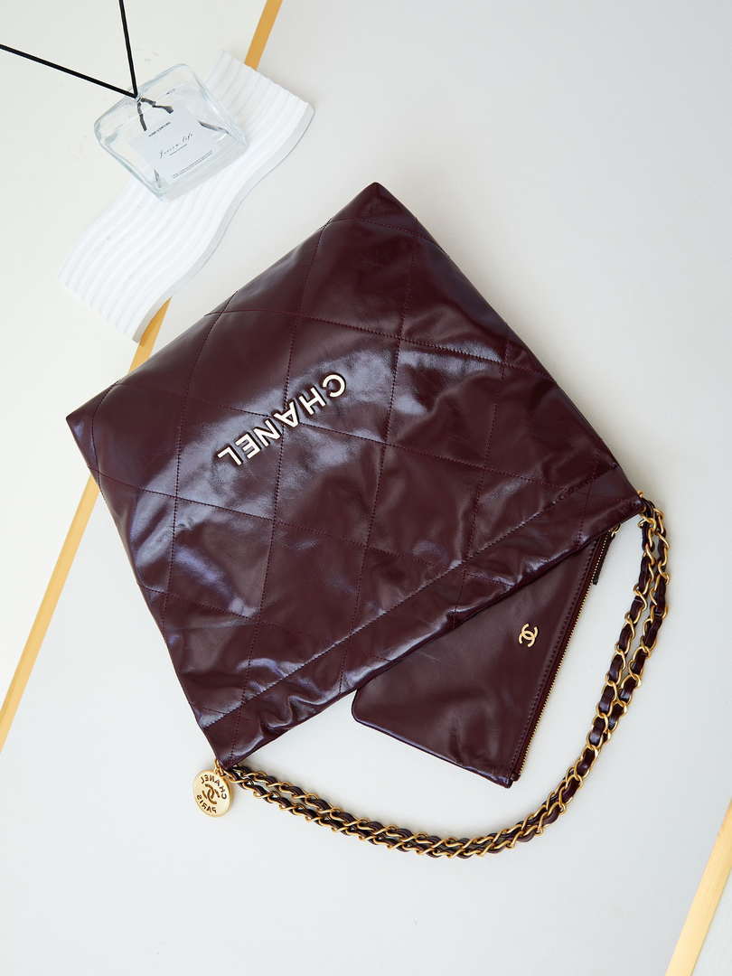 Chanel 22 AS3260 Small Handbag Shiny Calfskin Dark Red Gold