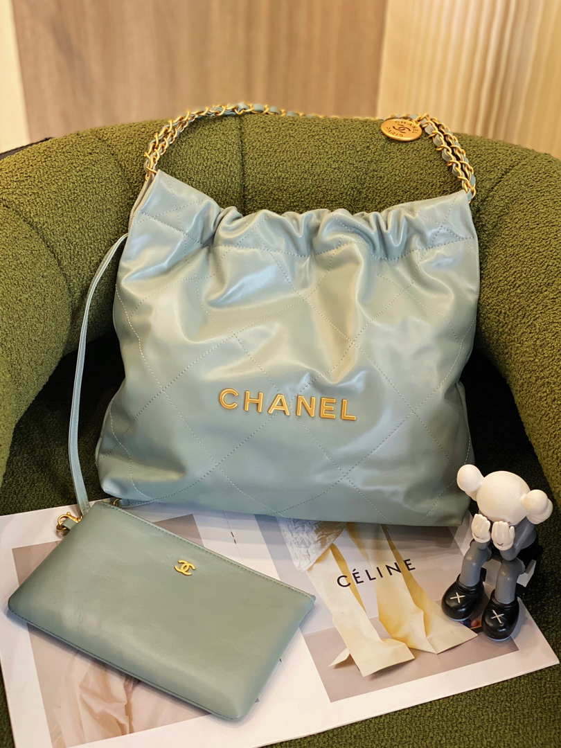 Chanel 22 AS3260 Small Handbag Shiny Calfskin Light Green Gold - Default Title - View 1
