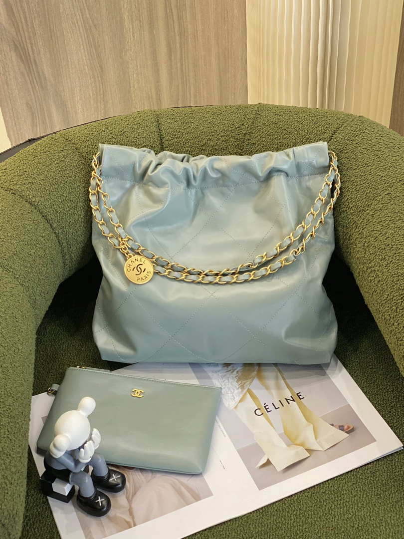 Chanel 22 AS3260 Small Handbag Shiny Calfskin Light Green Gold - Default Title - View 3