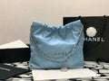Chanel 22 AS3260 Small Handbag Shiny Calfskin Light Blue Silver