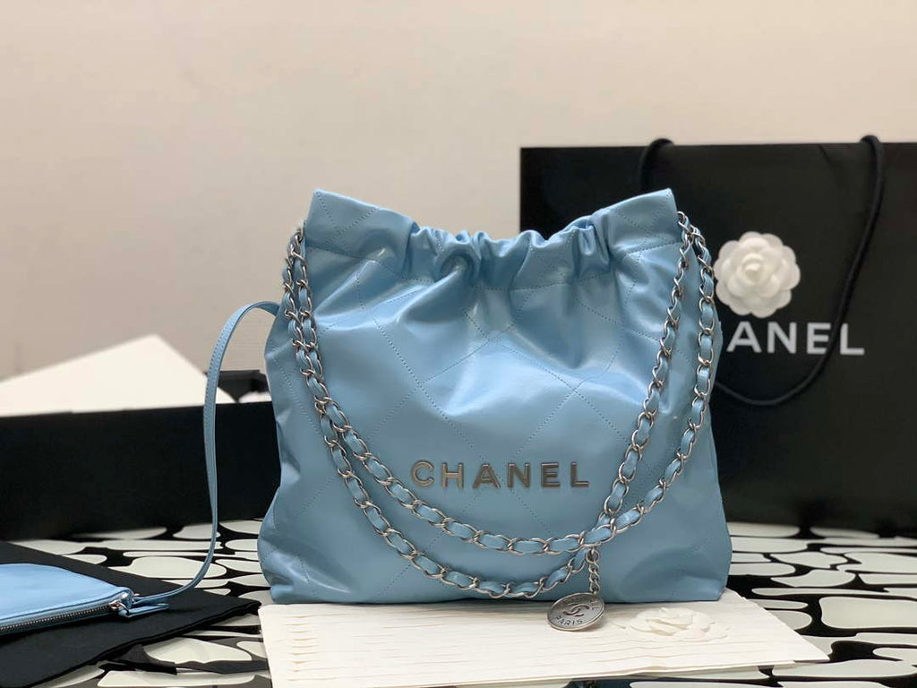 Chanel 22 AS3260 Small Handbag Shiny Calfskin Light Blue Silver