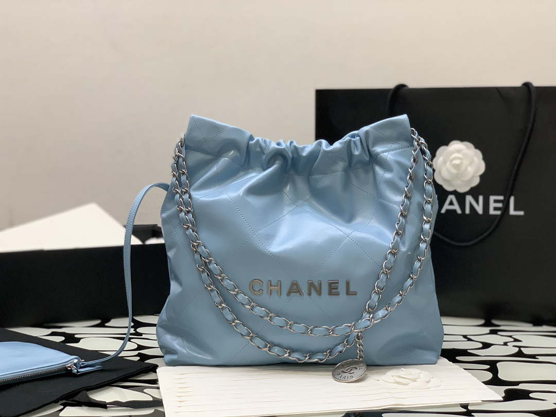 Chanel 22 AS3260 Small Handbag Shiny Calfskin Light Blue Silver - Default Title - View 2