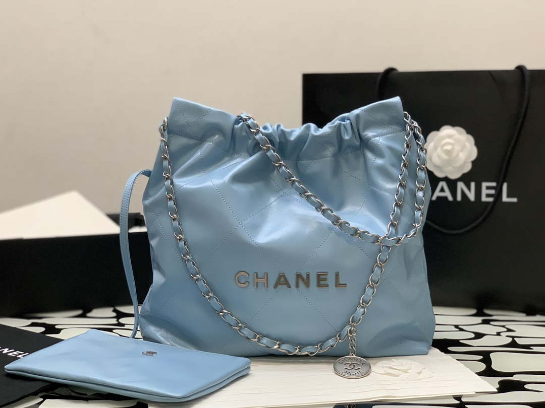Chanel 22 AS3260 Small Handbag Shiny Calfskin Light Blue Silver - Default Title - View 3