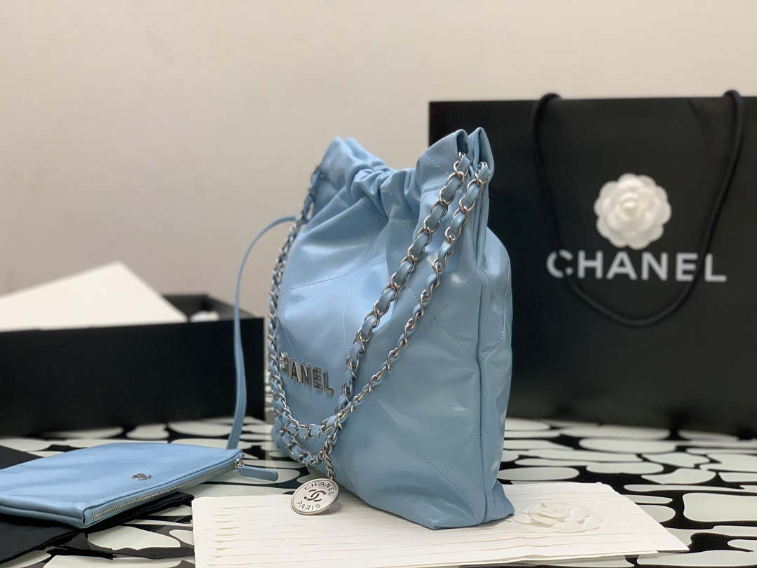 Chanel 22 AS3260 Small Handbag Shiny Calfskin Light Blue Silver - Default Title - View 4