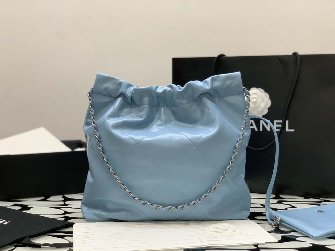 Chanel 22 AS3260 Small Handbag Shiny Calfskin Light Blue Silver - Default Title - View 7