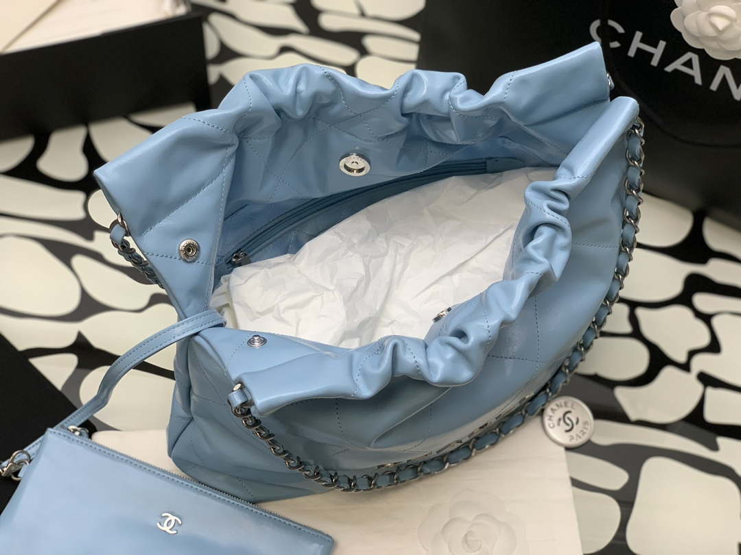 Chanel 22 AS3260 Small Handbag Shiny Calfskin Light Blue Silver - Default Title - View 8
