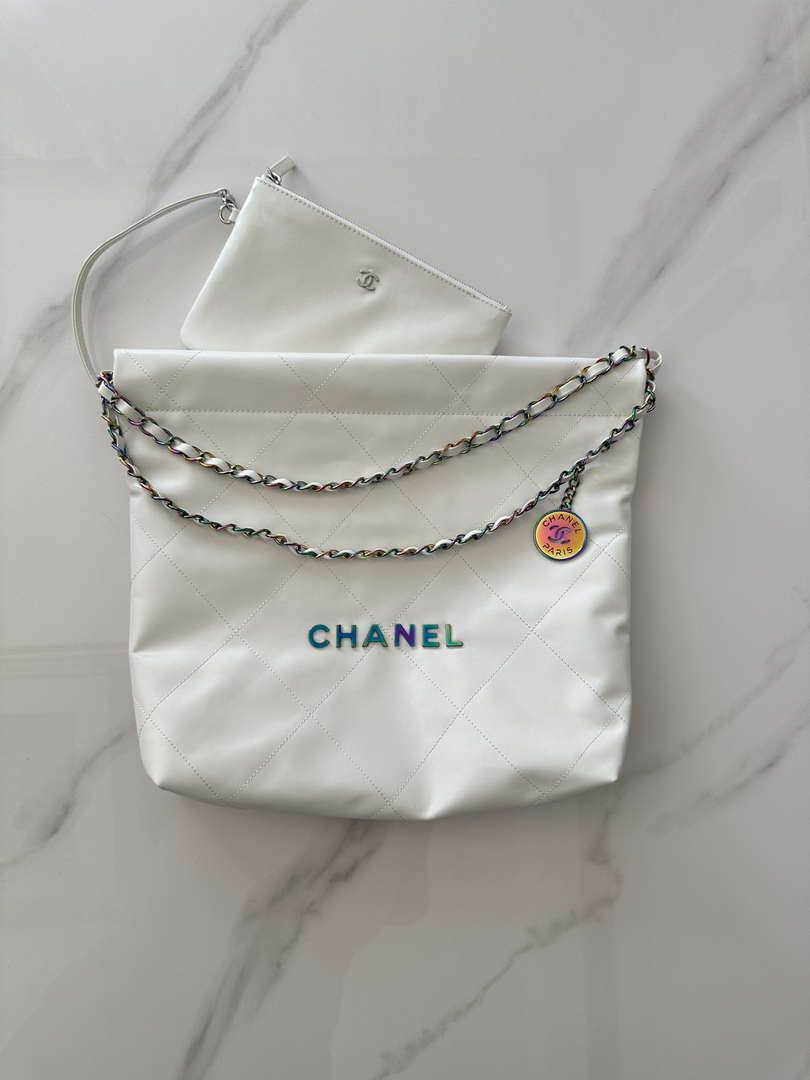 Chanel 22 AS3260 Small Handbag Shiny Calfskin White Symphony Hardware