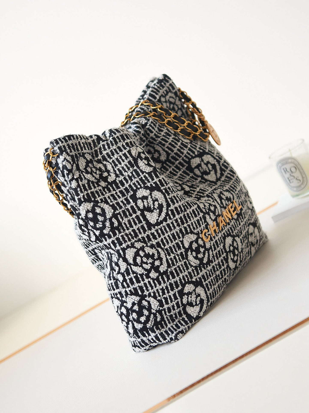 Chanel 22 AS3260 Small Handbag Velvet White &Black Gold