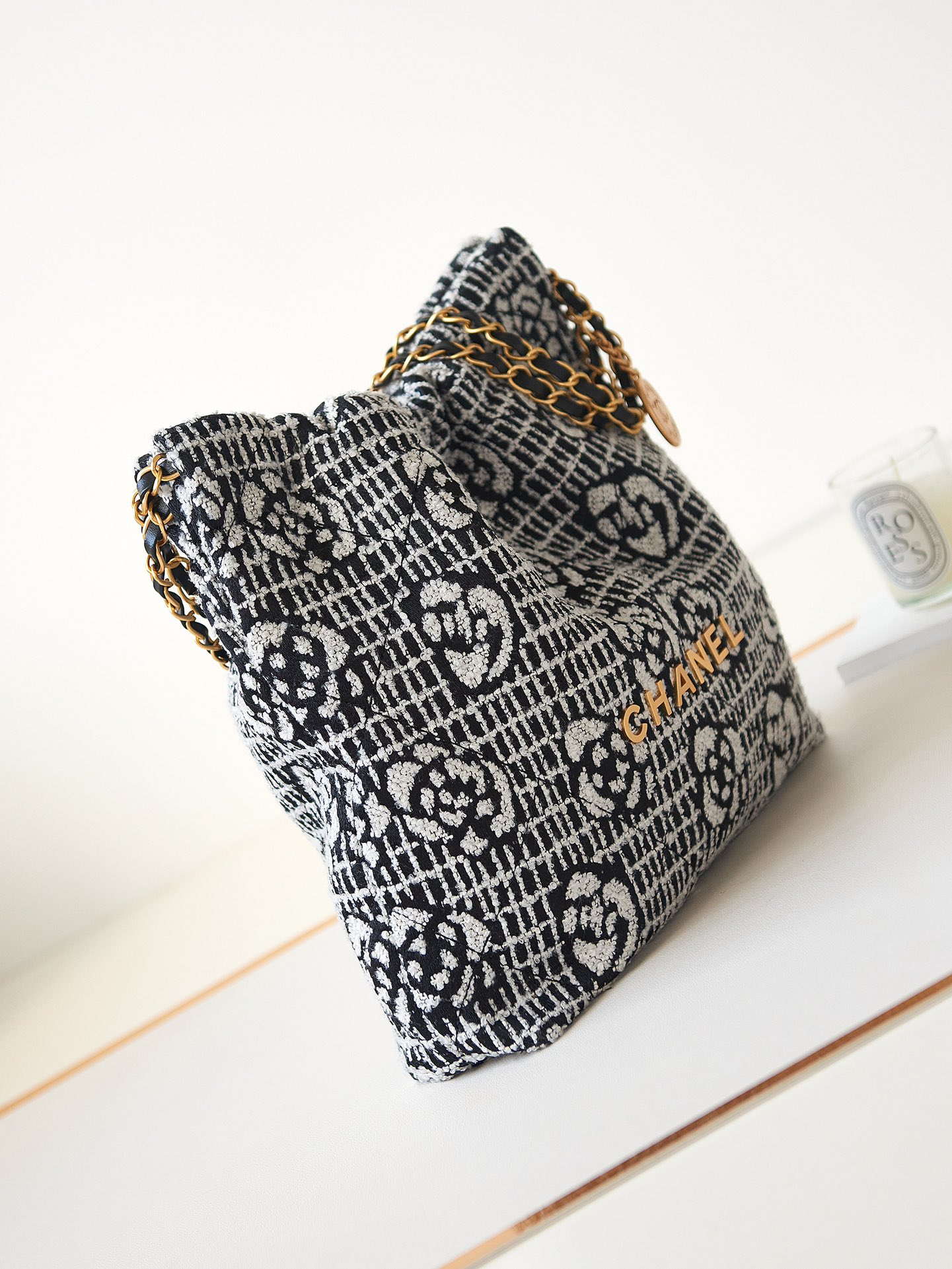 Chanel 22 AS3260 Small Handbag Velvet White &Black Gold