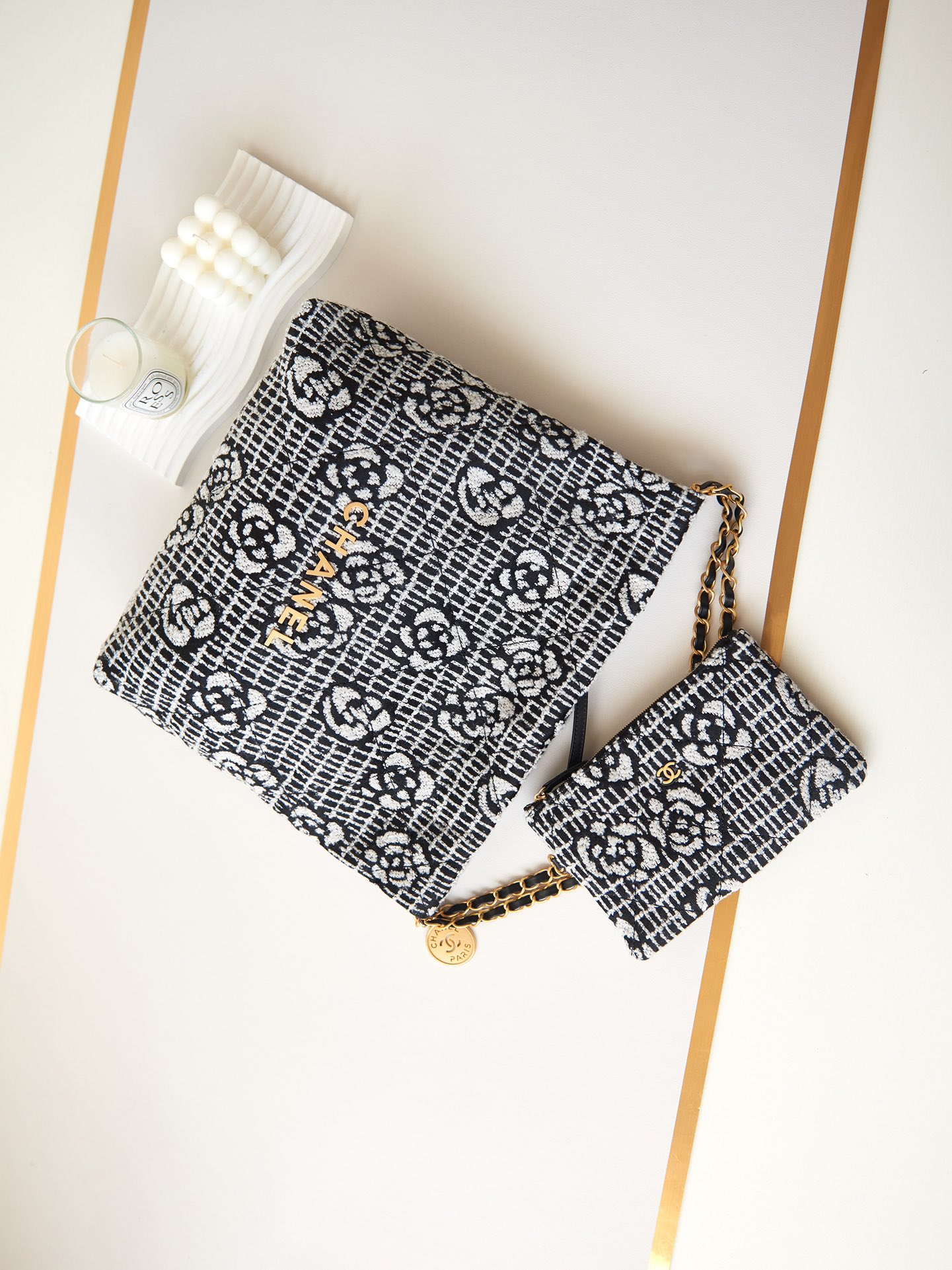 Chanel 22 AS3260 Small Handbag Velvet White &Black Gold - Default Title - View 7