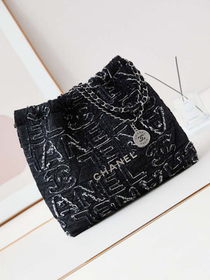 Chanel 22 AS3261 Handbag 24A Black Denim embroidered & Silver-Tone Metal - Default Title - View 1