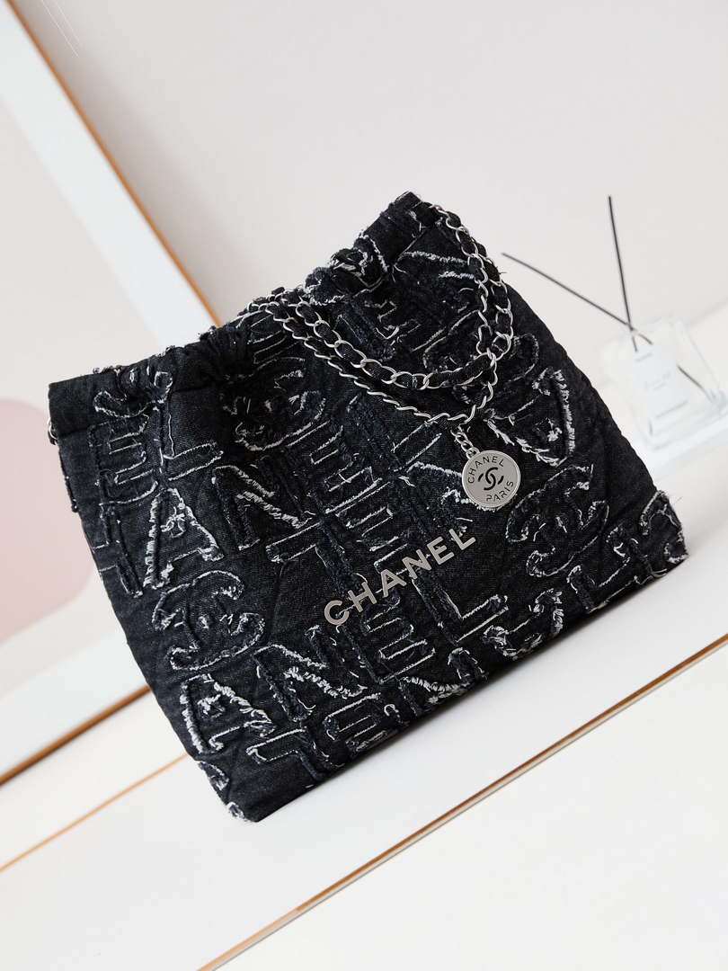 Chanel 22 AS3261 Handbag 24A Black Denim embroidered & Silver-Tone Metal - Default Title - View 1