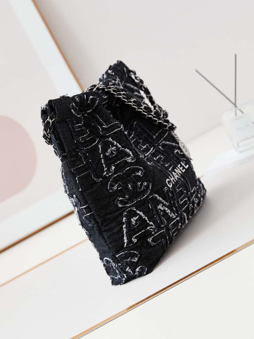 Chanel 22 AS3261 Handbag 24A Black Denim embroidered & Silver-Tone Metal - Default Title - View 3