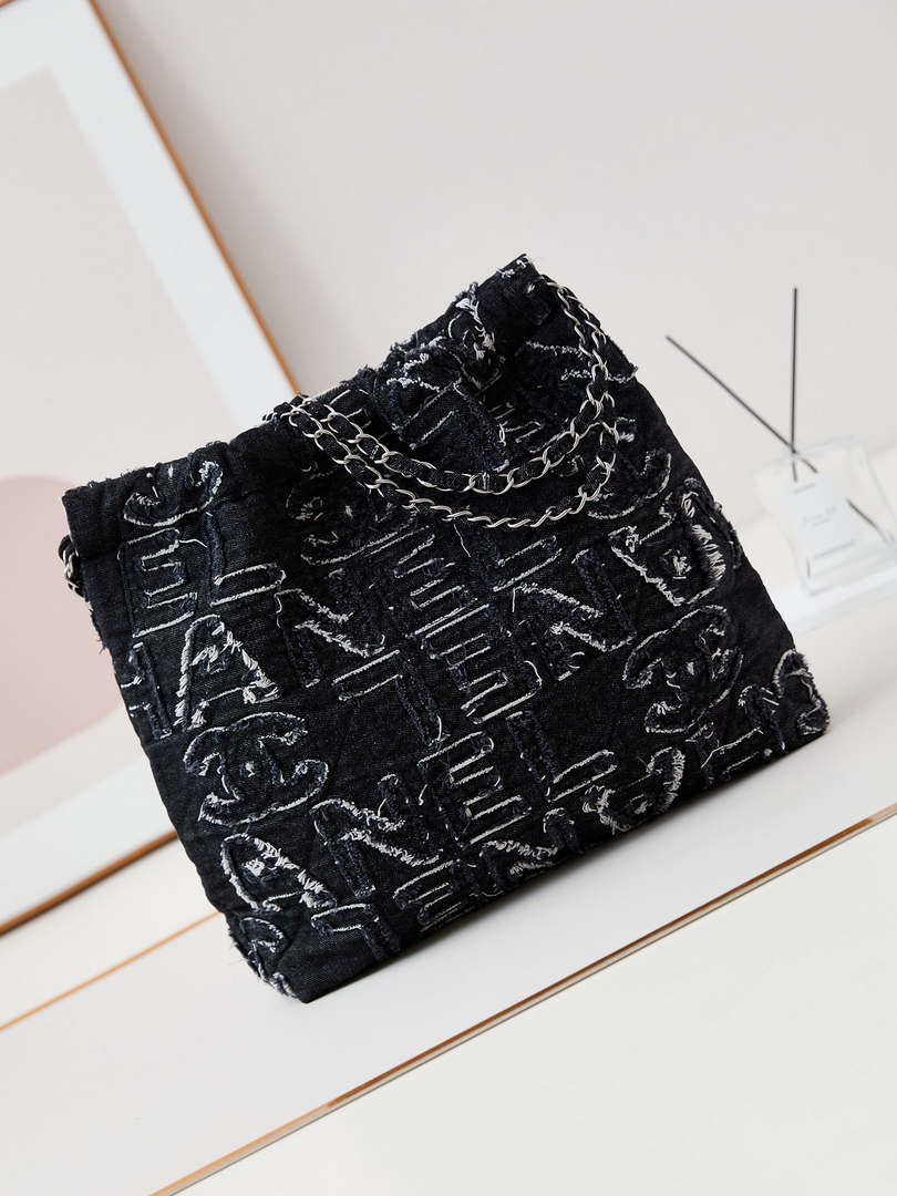 Chanel 22 AS3261 Handbag 24A Black Denim embroidered & Silver-Tone Metal