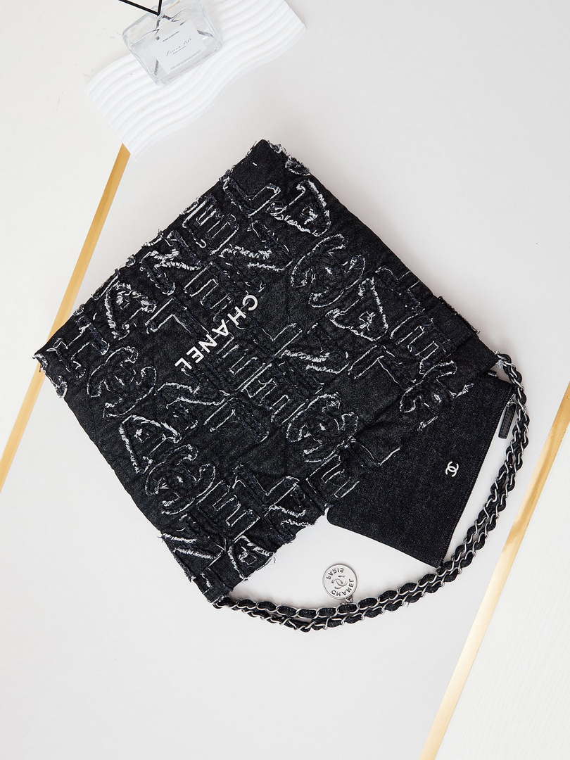 Chanel 22 AS3261 Handbag 24A Black Denim embroidered & Silver-Tone Metal