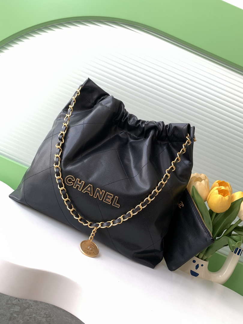 Chanel 22 AS3261 Handbag 24K Shiny Calfskin Black Gold - Default Title - View 1