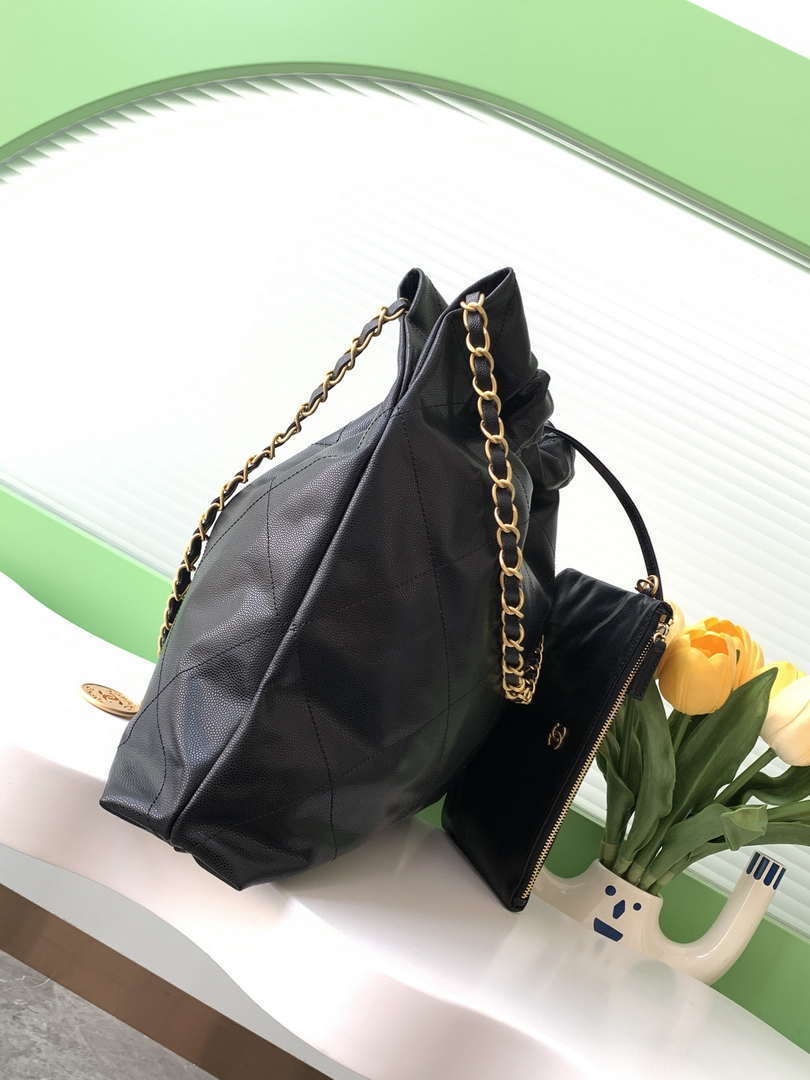 Chanel 22 AS3261 Handbag 24K Shiny Calfskin Black Gold