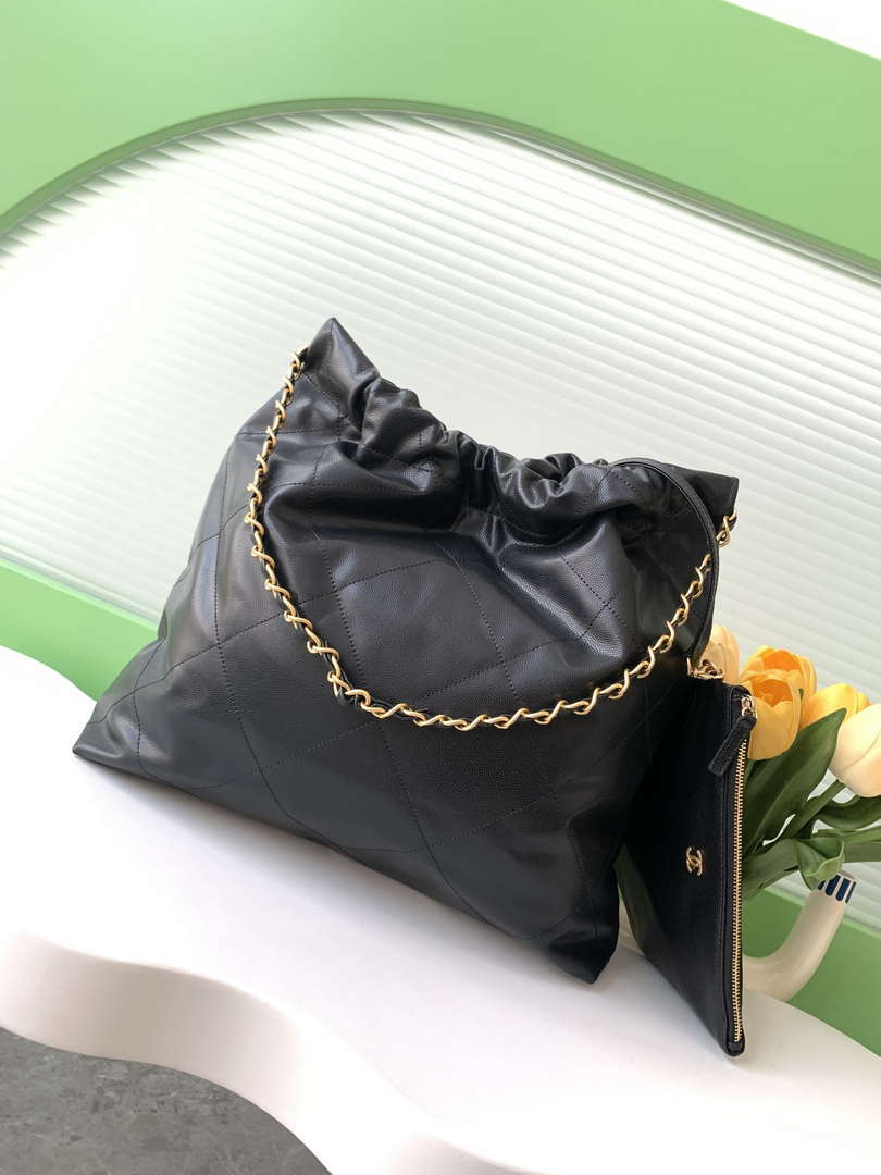 Chanel 22 AS3261 Handbag 24K Shiny Calfskin Black Gold
