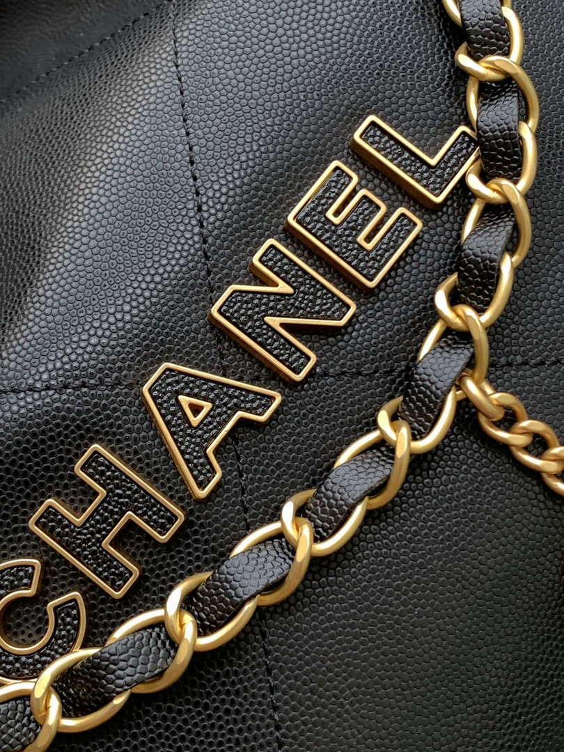 Chanel 22 AS3261 Handbag 24K Shiny Calfskin Black Gold