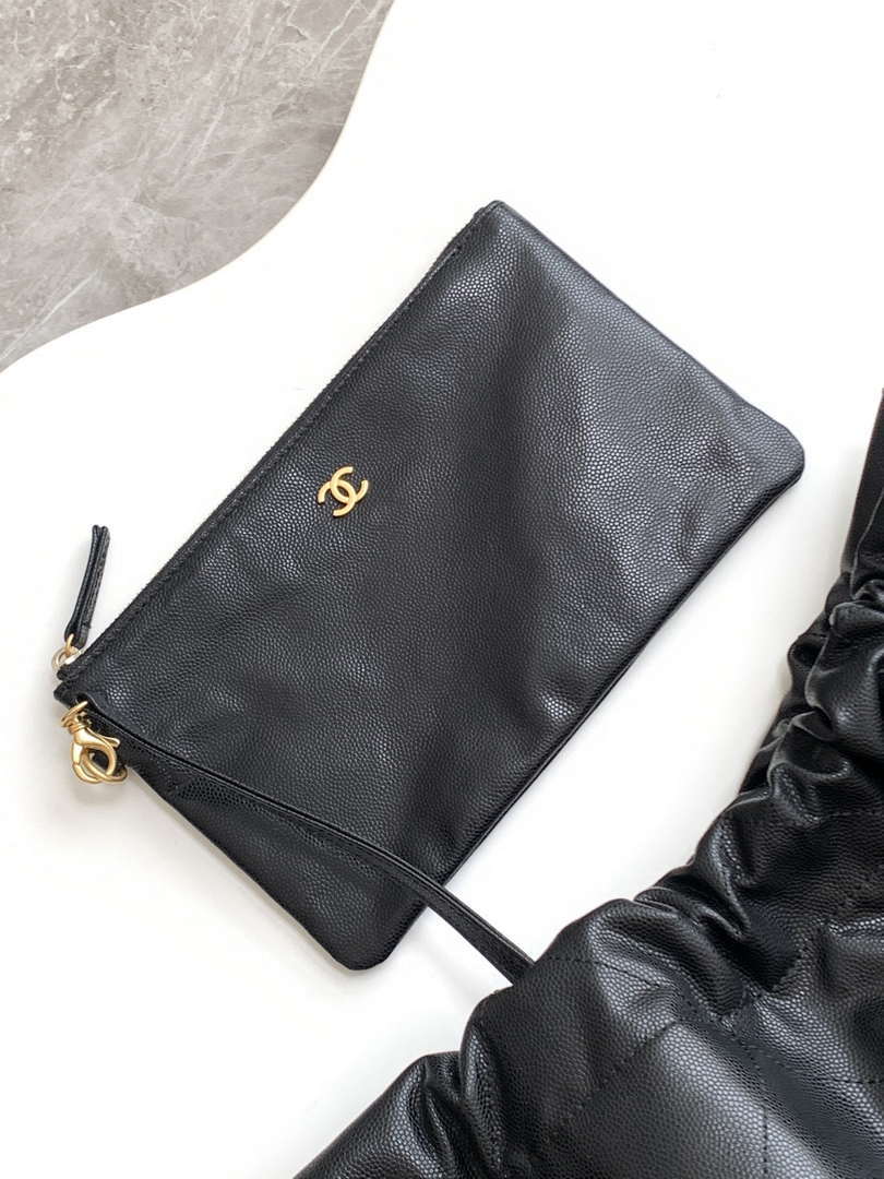 Chanel 22 AS3261 Handbag 24K Shiny Calfskin Black Gold