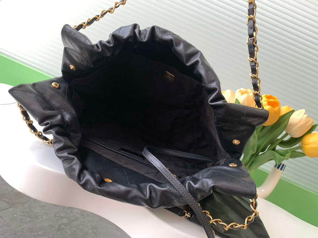 Chanel 22 AS3261 Handbag 24K Shiny Calfskin Black Gold