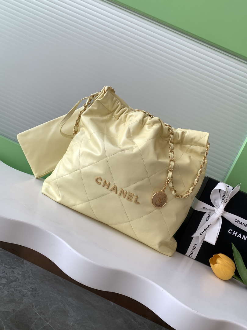 Chanel 22 AS3261 Handbag 24C Shiny Calfskin Light Yellow Gold - Default Title - View 1