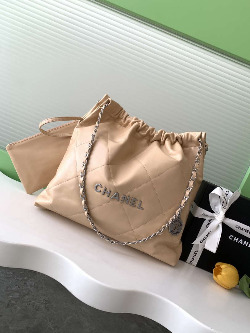 Chanel 22 AS3261 Handbag 24K Shiny Calfskin Apricot Silver - Default Title - View 1