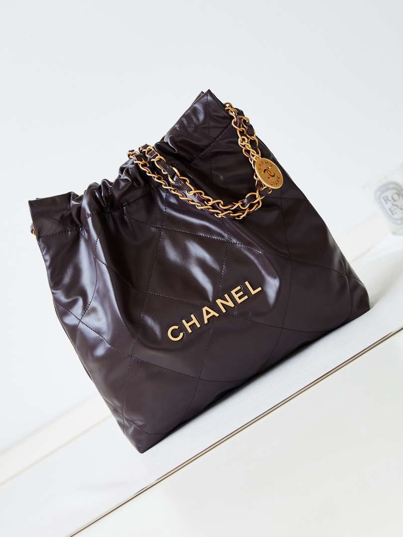 Chanel 22 AS3261 Handbag Shiny Calfskin Dark Brown