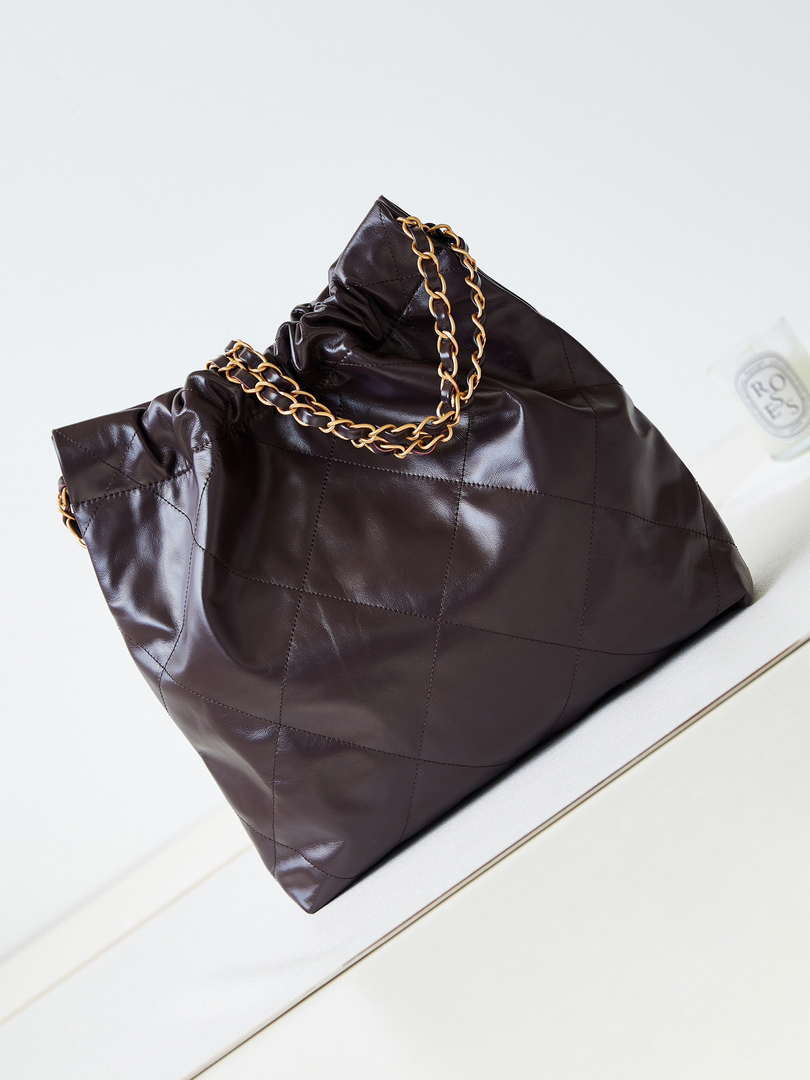 Chanel 22 AS3261 Handbag Shiny Calfskin Dark Brown