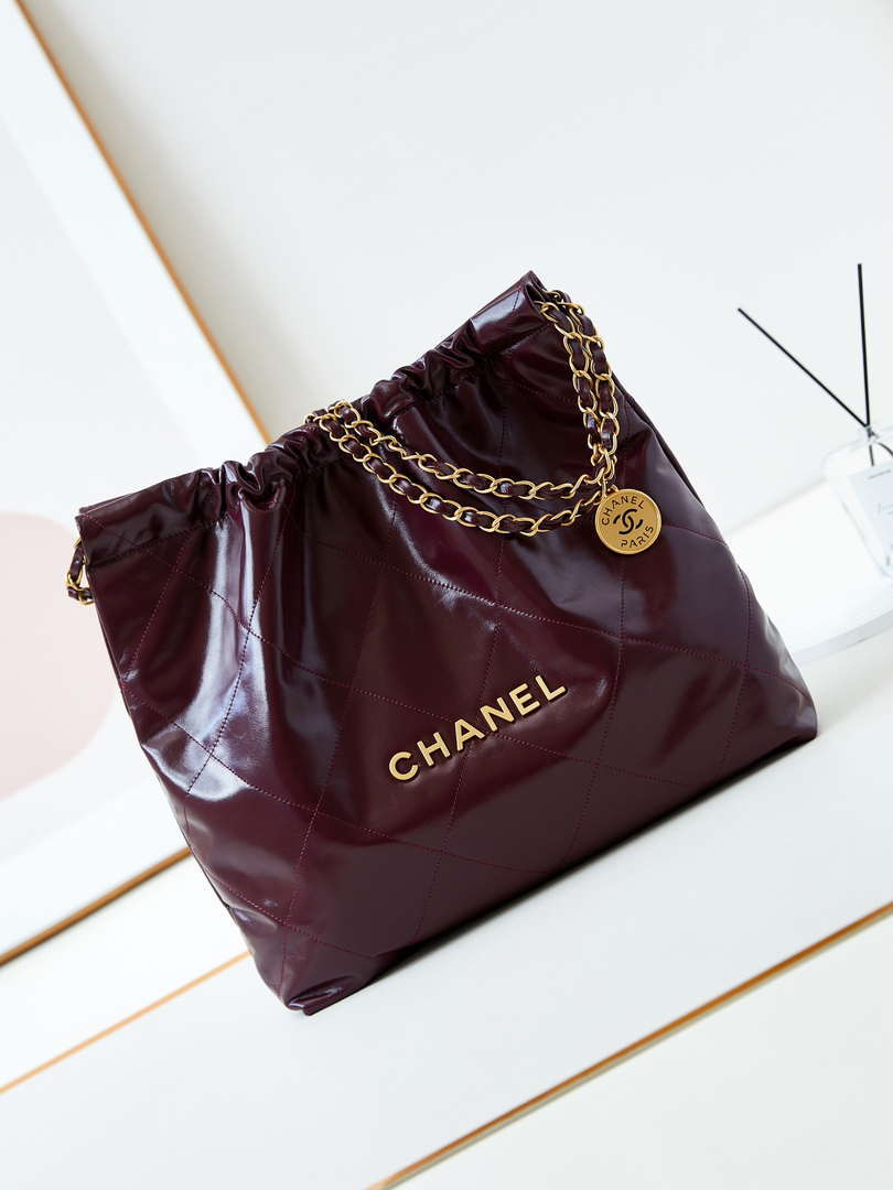 Chanel 22 AS3261 Handbag Shiny Calfskin Dark Red