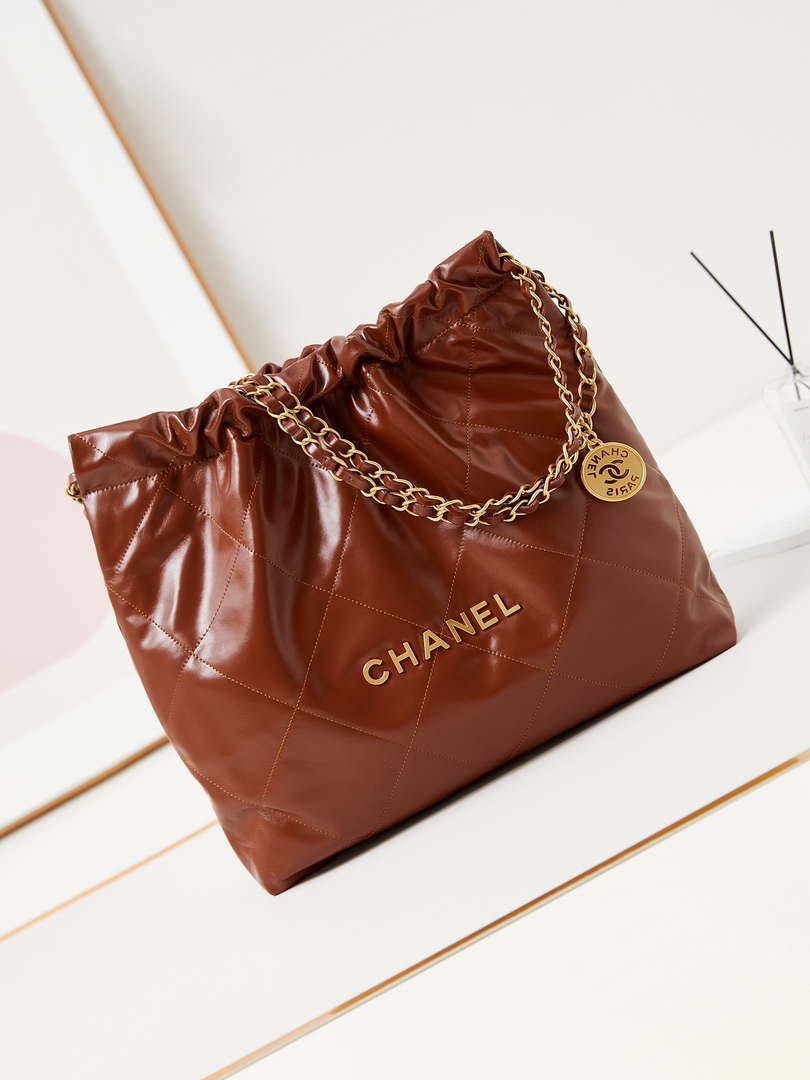 Chanel 22 AS3261 Handbag Shiny Calfskin Brown Gold