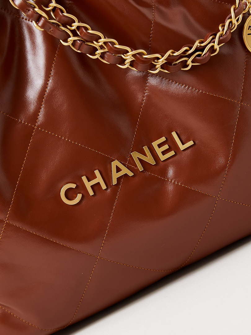 Chanel 22 AS3261 Handbag Shiny Calfskin Brown Gold