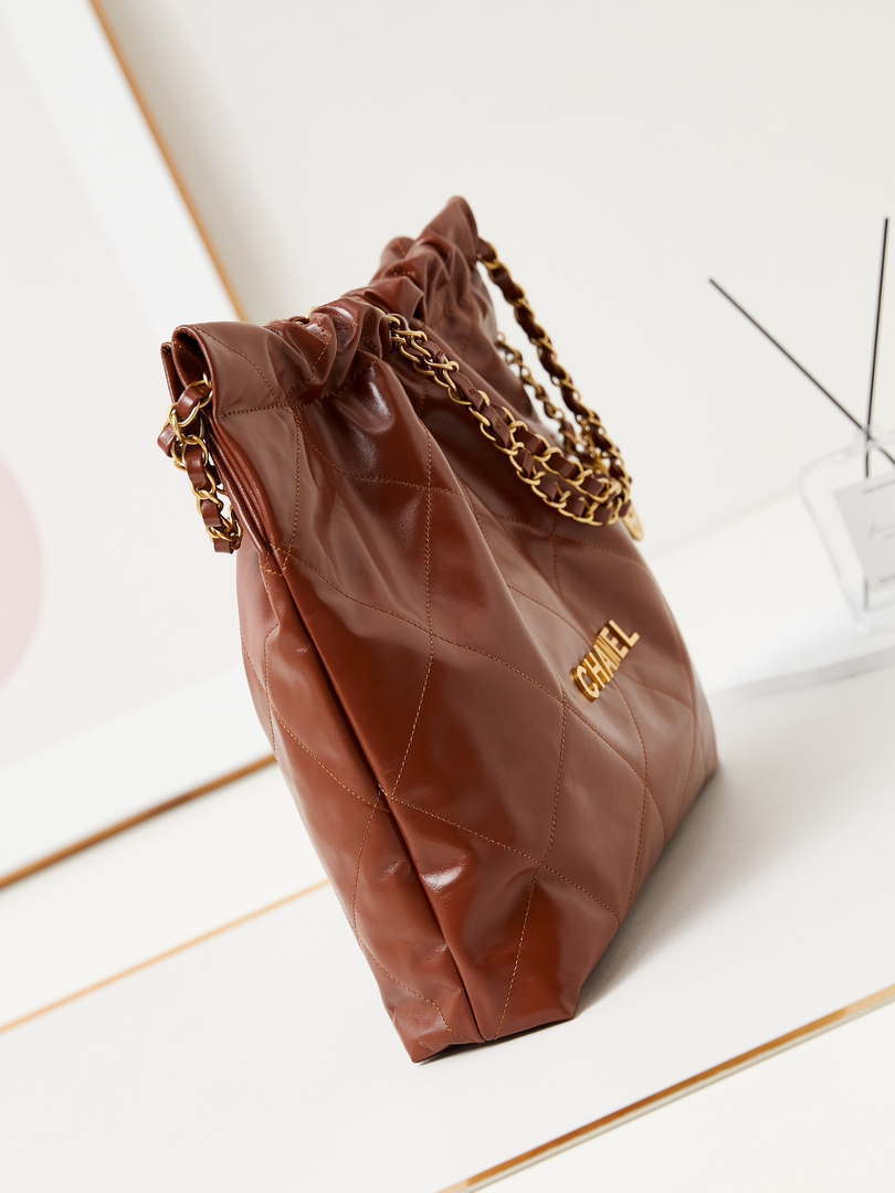 Chanel 22 AS3261 Handbag Shiny Calfskin Brown Gold
